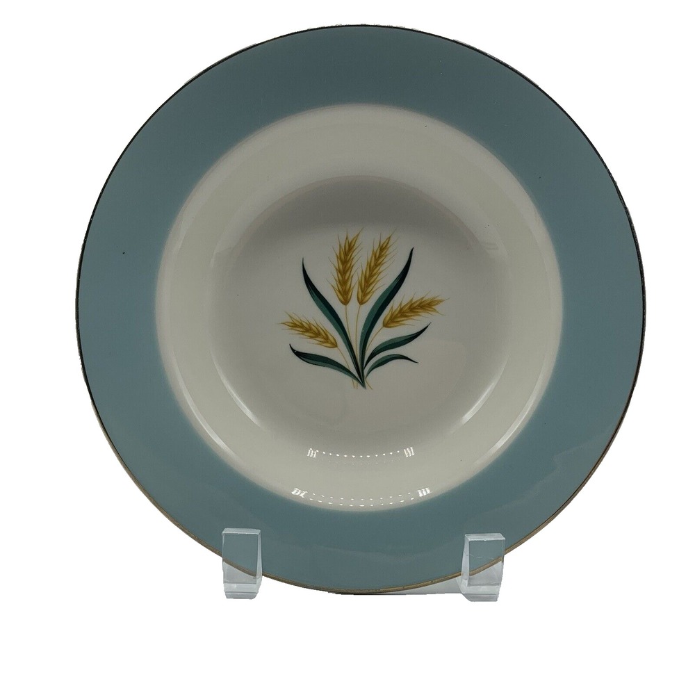 Vintage Viking Wheat Wide Rim Soup Bowl Blue Gold Mid Century Table Decor 8"
